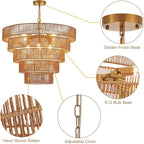 25.6" Large Rattan Chandelier Vintage Farmhouse 8-Lights Boho Hand-Woven Bamboo Chandeliers Light Fixture Drum Wicker Rattan Golden Chandelier for Dining Room, Kitchen, Living Room, Bedroom