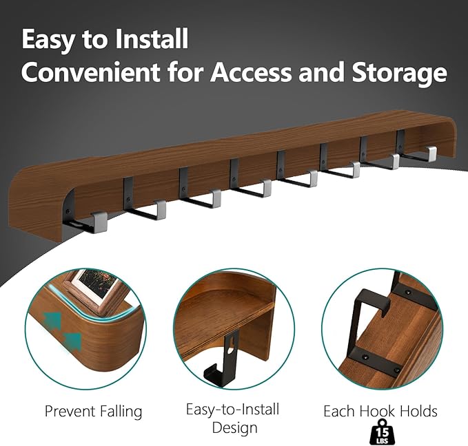 Coat Rack Wall Mount with Hidden Hooks Entryway Hanging Shelf Modern Wood Coat Hanger for Bedroom Kitchen Hallway Bathroom (Walnut,32.7 Inch Long)