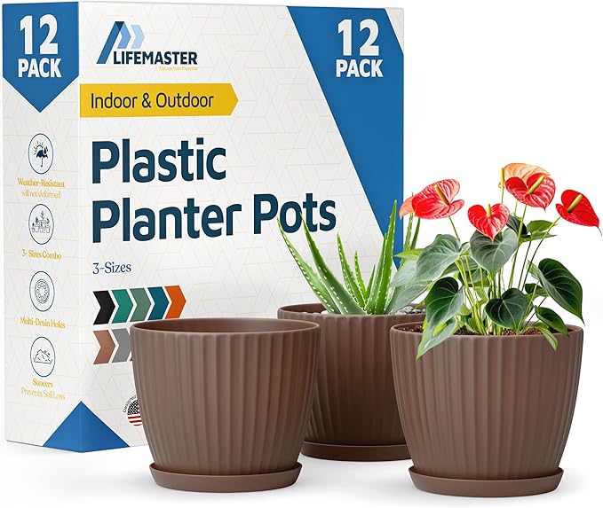 Brown 6-Inch Plant Pots with Drainage & Saucers 12 Pack, Indoor & Outdoor Planters for Houseplants, Herbs, and Flowers, Durable & Weatherproof Material, Stackable, Lightweight, Minimalist Design