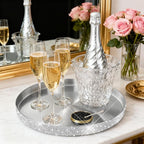 Round Bling Stainless Steel Serving Tray, Shiny Serving Platter for Coffee Table Display, Glitter Rhinestones Decorative Tray for Home Decor (Silver-11.8 inch)