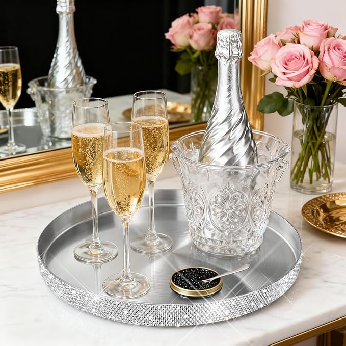 Round Bling Stainless Steel Serving Tray, Shiny Serving Platter for Coffee Table Display, Glitter Rhinestones Decorative Tray for Home Decor (Silver-11.8 inch)