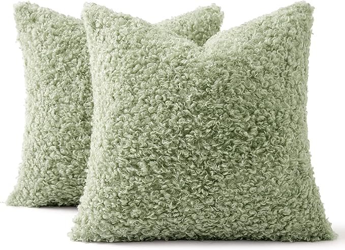 MIULEE Pack of 2 Light Green Faux Fur Throw Pillow Covers 18x18 Inch Boucle Decorative Sherpa Pillow Covers Fuzzy Accent Soft Sheepskin Fleece for Boho Home Decor Sofa Living Room Couch Bed