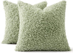 MIULEE Pack of 2 Light Green Faux Fur Throw Pillow Covers 18x18 Inch Boucle Decorative Sherpa Pillow Covers Fuzzy Accent Soft Sheepskin Fleece for Boho Home Decor Sofa Living Room Couch Bed