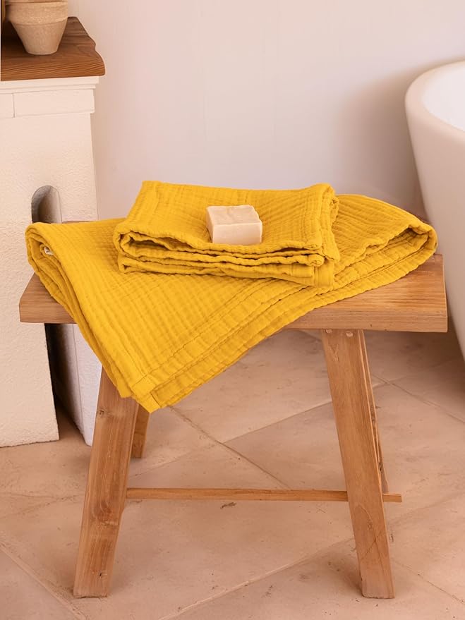 4 Pieces Muslin Towel Set for Bathroom, Luxury 100% Turkish Cotton Thin Soft Quick-Dry Lint-Free Large Size Bath Hand Towel Sets (Mustard, 2 Bath & 2 Hand Towel Set)