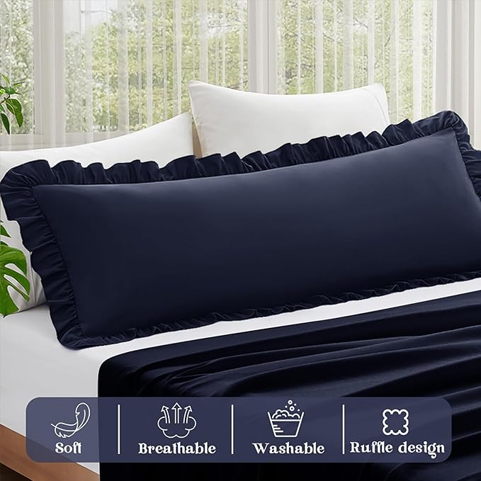 KKJIAF Ruffle Body Pillow Cases Set of 1, Ruffled Pillow Covers with Envelope Closure, Wrinkle Resistant Ruffled Long Pillow Shams 20" x 54", Navy Blue