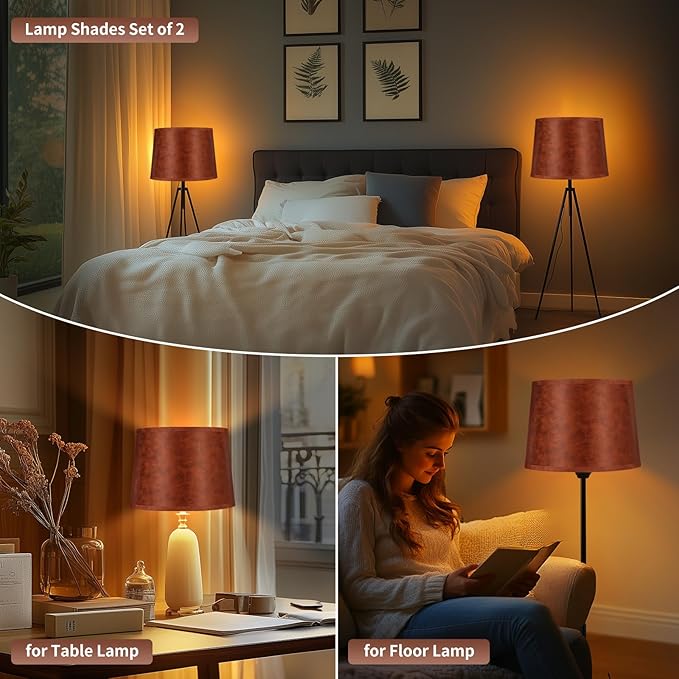ALUCSET 2pcs Drum Lampshades Large Brown Lamp Shades, 13" Top X 15" Bottom X 11" High Replacement for Table Lamp Shades and Floor Lampshade, Spider Fitter Easy Assembly Required