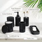 6-Piece Bathroom Accessories Set, Organizer Set with Soap Dispenser, Toothbrush Holder Set, Vanity Tray, Tumbler & 2 Cotton Swab Jars – Modern Stylish Bathroom Storage(Matte Black)