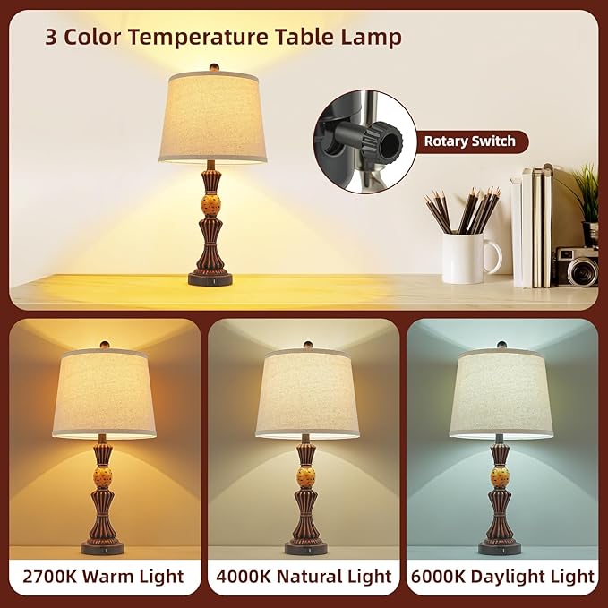 Set of 2 Modern Table Lamps with USB-C & USB Ports, Rotating Knob Switch, Linen Shade + Resin Base (Black Gold/Oil Bronze) (BW)