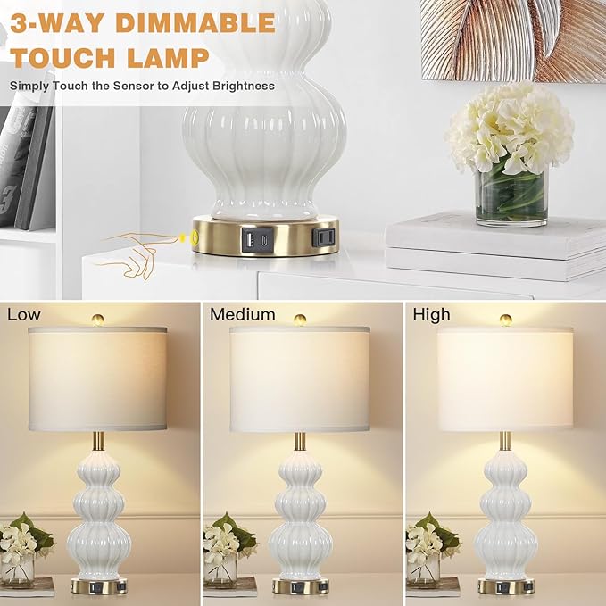 Triple Gourd Ceramic Table Lamps Set of 2, Modern White Bedside Lamps with USB A+C Ports & AC Outlet, 3 Way Touch Control Contemporary Nightstand Lamps for Bedroom Living Room