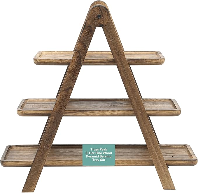 Gibson Home Truss Peak 3 Tier Serving Tray for Party, 18" Acacia Wood Cupcake/Charcuterie/Dessert Farmhouse Tiered Platters with Collapsible Wood Rack