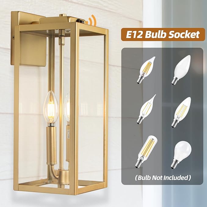Gold 2-Light Dusk to Dawn Outdoor Light Fixture Large 16 Inch, Candle Light Square Exterior Wall Light for House Photocell Sensor IP65 Waterproof Porch & Patio Light Brass Outside Sconce