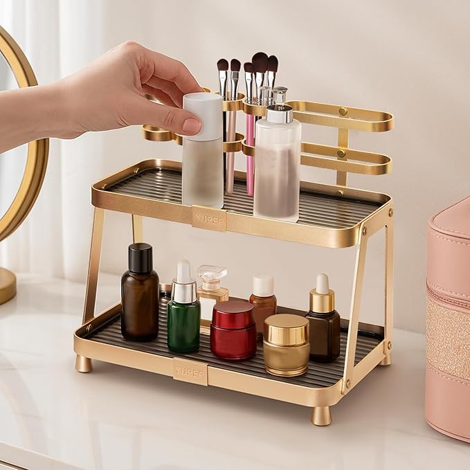 YUPER Bathroom Countertop Organizer, 2-Tier Vanity Organizer With Makeup Brush Holder, Large Countertop Tray for Skincare, Perfume, Cosmetics, Bathroom Sink Organizer Countertop