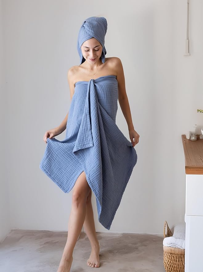 4 Pieces Muslin Towel Set for Bathroom, Luxury 100% Turkish Cotton Thin Soft Quick-Dry Lint-Free Large Size Bath Hand Towel Sets (Indigo Blue, 2 Bath & 2 Hand Towel Set)