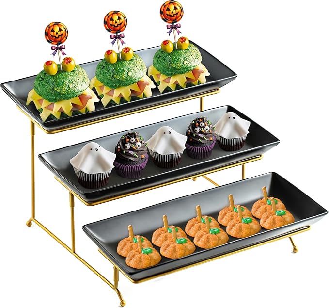 LYEOBOH 3 Tier Serving Tray Set, Tiered Serving Stand with Platters, Serving Dishes for Entertaining Halloween Christmas Party, Collapsible Sturdier Stand & 14 Inch Large Platters for Food Display