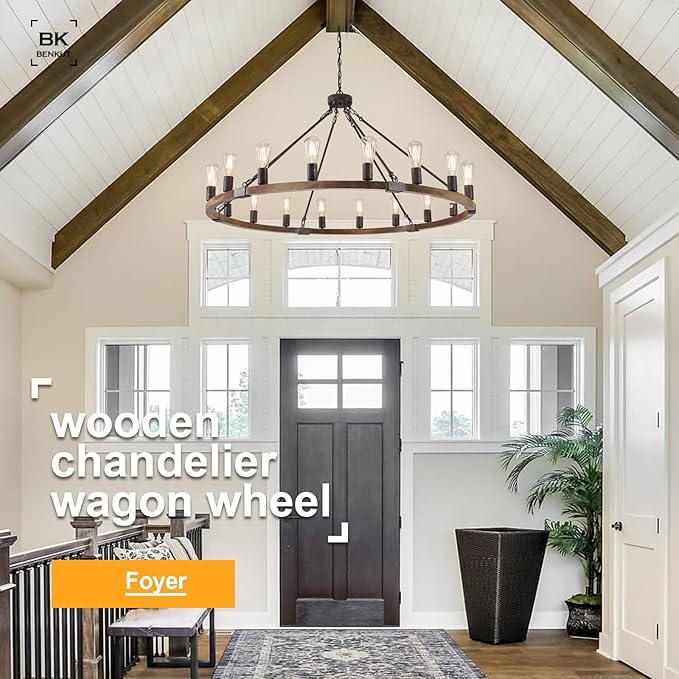 Farmhouse Wagon Wheel Chandelier 47" Black Rustic Light Fixtures 18-Light Wood Round Chandelier for Foyer Living Room Entryway Dining Room