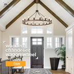 Farmhouse Wagon Wheel Chandelier 47" Black Rustic Light Fixtures 18-Light Wood Round Chandelier for Foyer Living Room Entryway Dining Room