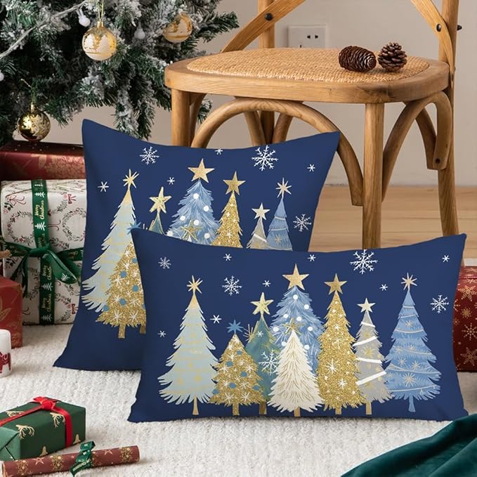 AACORS Christmas Pillow Cover 18X18 Inch Watercolor Christmas Tree Stars Decoration Holiday Farmhouse Winter Pillow Case for Sofa Couch Decor（Blue） AA608-18