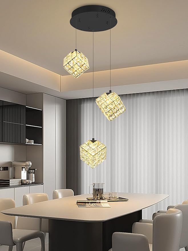 3-Lights Pendants Lightfor Kitchen lsland Chandeliers Dining Room,Square Entryway Light Fixture Hanging Adjustable Height Black Crystal Chandeliers for Bedroom Hallway Foyer