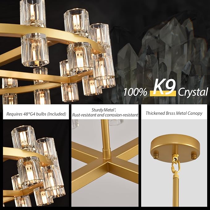 Modern 48 inch Gold Round Chandeliers Light Fixture, Crystal Chandeliers for Dining Room, Living Room Chandelier, Wagon Wheel Chandelier Over Table, Suitable for Bedroom,Foyer,Includes Bulbs