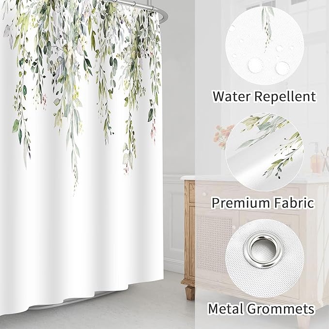 Sage Green Eucalyptus Shower Curtain Watercolor Plant Green Leaves Shower Curtains for Bathroom Waterproof Polyester Fabric Bath Curtain 72 x 72 Inch with 12 Hooks