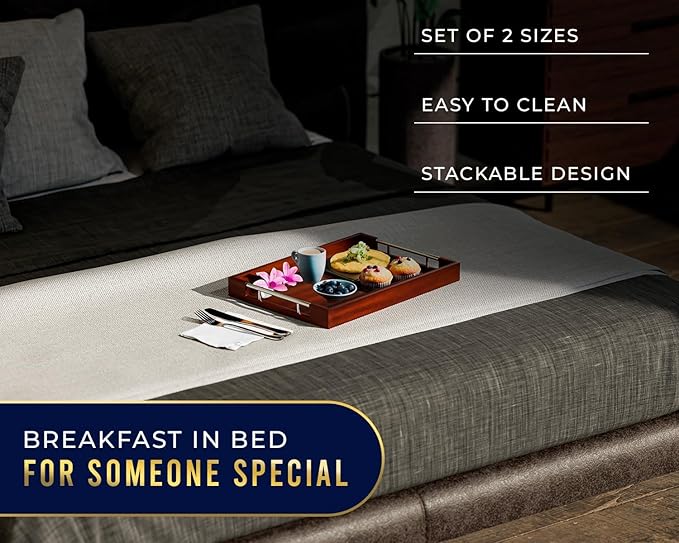 Set of 2 Decorative Serving Trays - Bamboo + Silver Stainless Steel Handles - Coffee Table or Ottoman Tray for Breakfast in Bed Jewelry, Decor Organization - 12"x17" - Stained Brown Finish