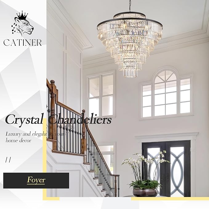 43.3" Large Crystal Chandeliers 28 Lights Black Modern Chandelier for Foyer Staircase High Ceiling 8 Tiers Round K9 Ceiling Pendant Lighting Fixture Luxury for Lobby Living Room