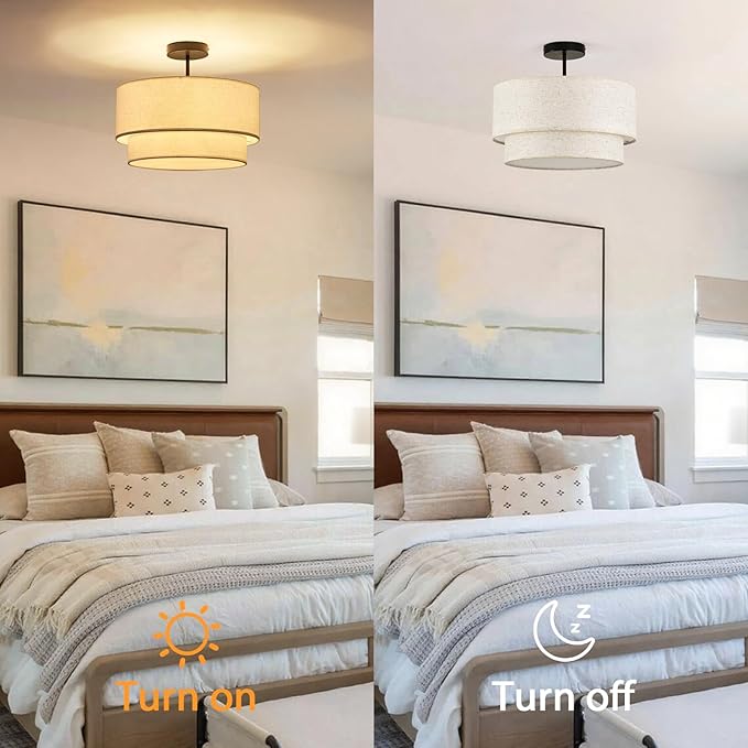 16" Semi Flush Mount Ceiling Lights, 3 Light Entryway Ceiling Light Fixtures with Double Drum Linen Fabric Shade, Large Drum Light Fixture for Bedroom, Foyer and Hallway