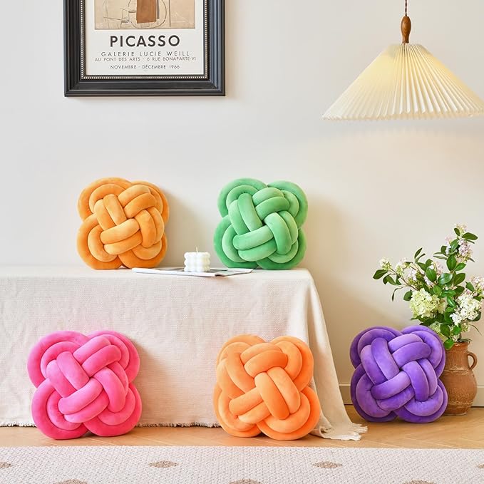 Xuyier Knot Pillow Ball, Decorative Throw Pillows with Velvet Fabric for Couch Bed, 12" Decor Knotted Square Floor Pillow Cushions for Living Room (12 Inches, Dark Yellow)