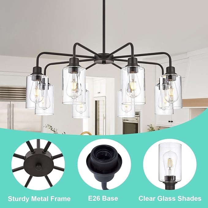VINLUZ 8-Light Oil-Rubbed Chandelier with Clear Glass Shades, E26 Base Modern Pendant Light Fixture, Adjustable Swivel Heads Ceiling Lighting, Farmhouse Chandelier for Dining Room Kitchen Hallway