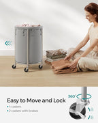 SONGMICS 18.5-Gallon (70 L) Laundry Basket with Wheels, Rolling Round Heavy-Duty Laundry Hamper Cart with Steel Frame and Removable Bag, 2 Locking Wheels, Gray and Metallic Silver URLS006G01