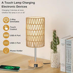 Boho Table Lamp for Bedroom with Bulb, Small Touch Control Table Lamp for Living Room with Rattan & Linen Shade, 3 Way Dimmable Bedside Lamp for Nightstand with USB Charging Port & Phone Stand