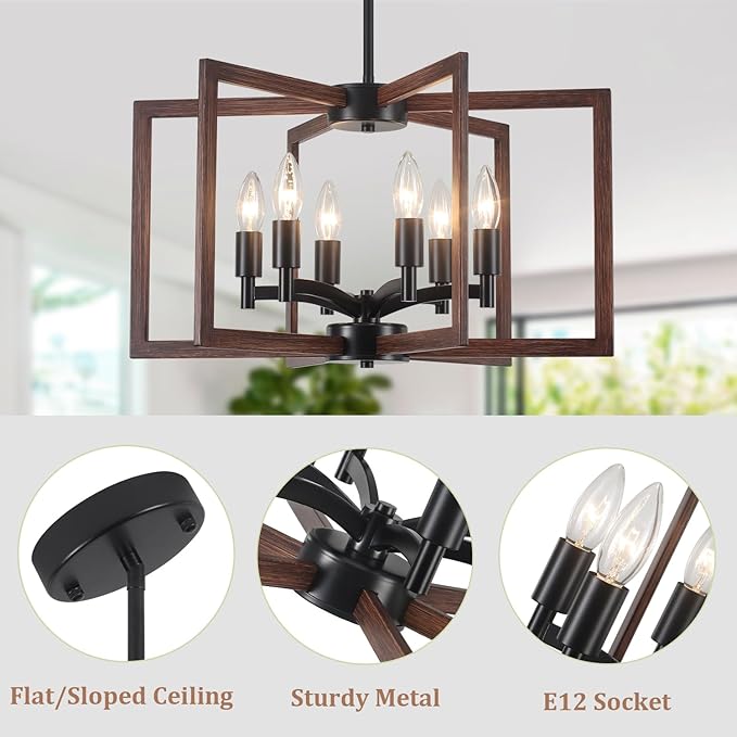 Farmhouse Chandelier Dining Room Light Fixtures,6-Light Kitchen Island Light Rustic Wood Grain Finish Geometric Chandelier for Entryway Stairway Foyer,UL-Listed