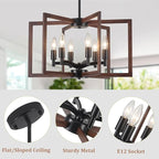 Farmhouse Chandelier Dining Room Light Fixtures,6-Light Kitchen Island Light Rustic Wood Grain Finish Geometric Chandelier for Entryway Stairway Foyer,UL-Listed