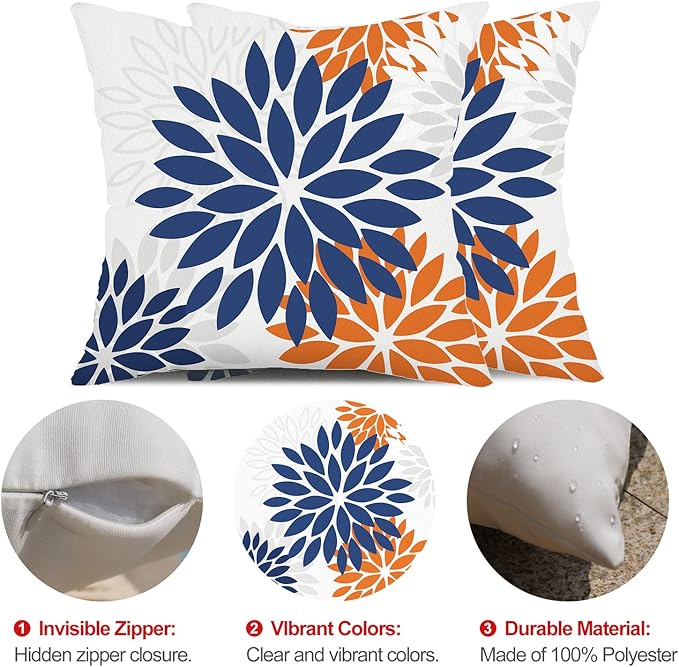 DFXSZ Blue Orange Outdoor Flower Pillow Covers 16x16 Inch Set of 2 White Colored Throw Pillows Outdoor Waterproof Decor for Living Room Sofa Patio Funiture Garden Floral Polyester pillow covers 002C16