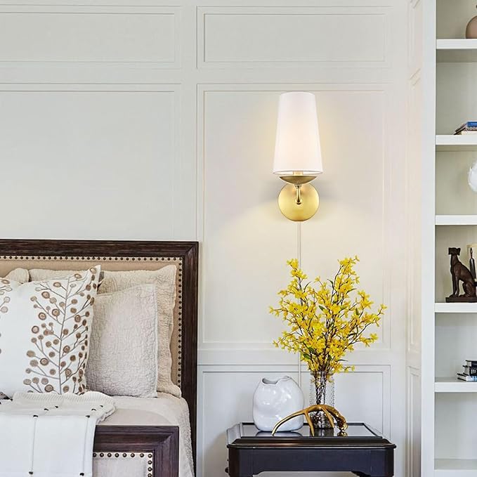 Modern Gold Wall Sconces Set of Two Linen Shade Plug in or Hardwire Wall Light Fixture for Bedroom, Living Room, Dining Room, Entryway