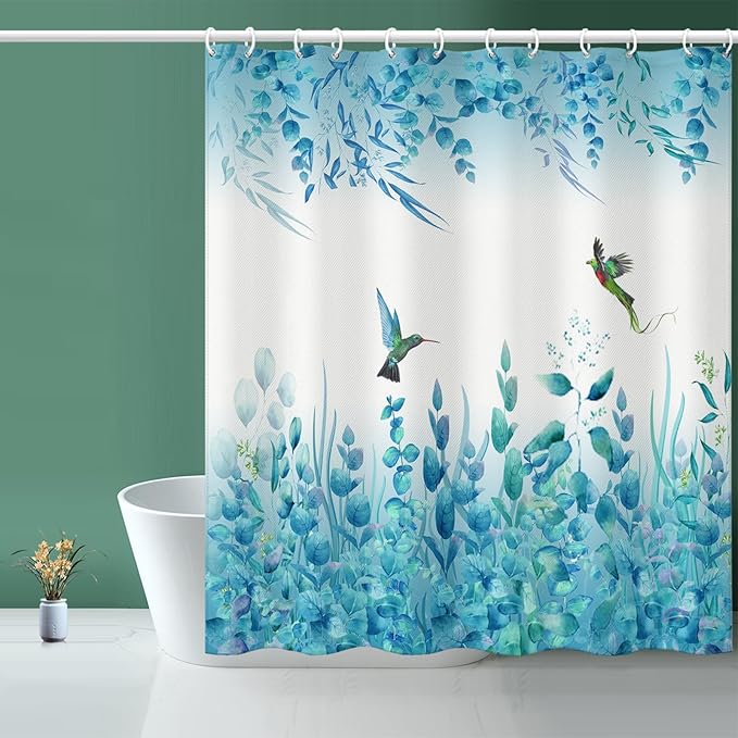 Blue Leaf Shower Curtain, Kingfisher Shower Curtain -72 "W x 72" L with 12 Hooks, Weighted Hem Shower Curtain, Waterproof Bathroom Shower Curtain, Blue Leaf Kingfisher Shower Curtain
