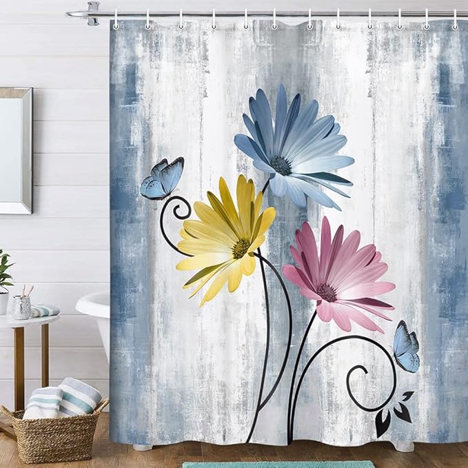Rustic Farmhouse Shower Curtain, Farm Blue Daisy Floral Flowers and Butterfly on Country Wooden Shower Curtain for Bathroom, Turquoise Pink Yellow Bathroom Shower Curtains with 12PCS Hooks, 70X75IN