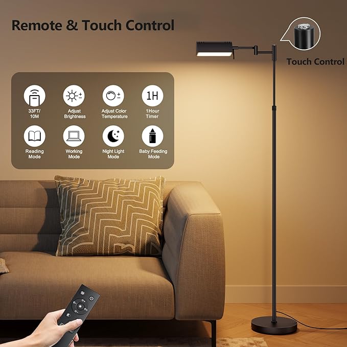 SUNMORY Dimmable LED Pharmacy Floor Lamp, Adjustable Floor Lamp for Living Room with 350° Swing Arm, Touch & Remote Control, 16W Bright Standing Task Lamp for Reading Sewing Crafting