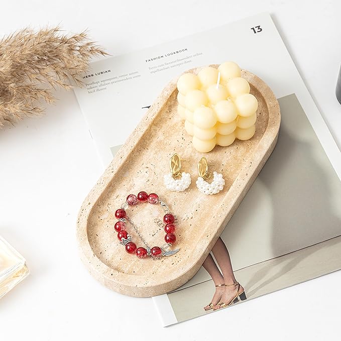 WORHE Italy Natural Travertine Stone Tray for Jewelry, Candles, Perfume, Trinket, Marble Oval Vanity Trays for Bathroom, Dresser, Kitchen, Countertop Storage Organizer for Home Decor Beige (WH028)