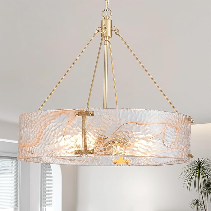 XINGQI 4-Light Modern Gold Glass Chandelier Round Water Ripple Pendant Lighting Fixture for Dining Room Living Room Kitchen Island Office Elegant French Chandeliers