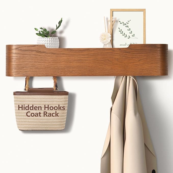 Coat Rack Wall Mount with Hidden Hooks Entryway Hanging Shelf Modern Wood Coat Hanger for Bedroom Kitchen Hallway Bathroom (Walnut, 20.9 Inch Long)