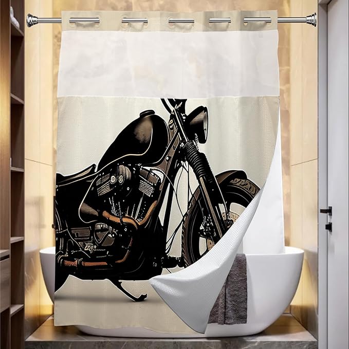 Cool Man Theme Motorcycle Shower Curtain with Snap in Fabric Liner Set, Detachable Liner, See Through Mesh Top Window, Waterproof Washable 72" W x 74" H Black and White