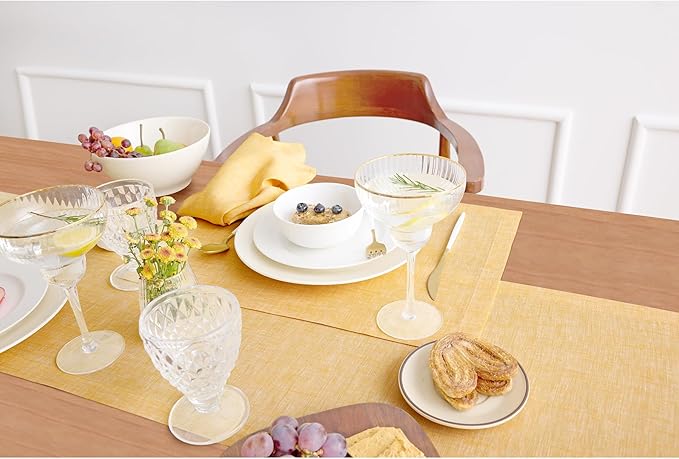 Solino Home Linen Small Table Runner 48 Inches - Athena, 100% Pure Linen Chambray Mustard Yellow Table Runner 14 x 48 Inch Ideal for Dresser and Coffee Tables