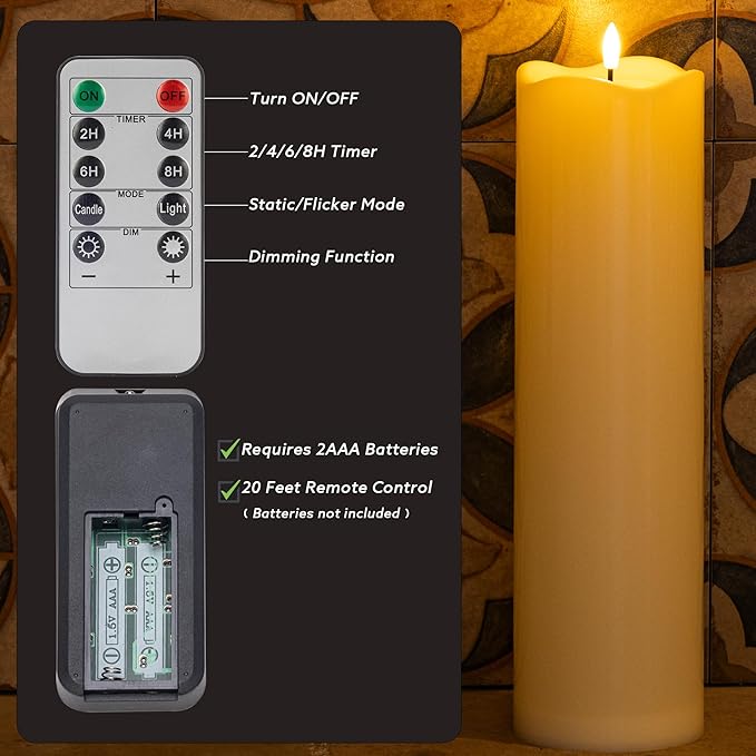 2pack 4"*14" Large Outdoors Flameless Candles Battery Operated with Remote & Timer, Waterproof Plastic LED Flickering Pillar Candles for Home Decoration, Weddings, Ivory