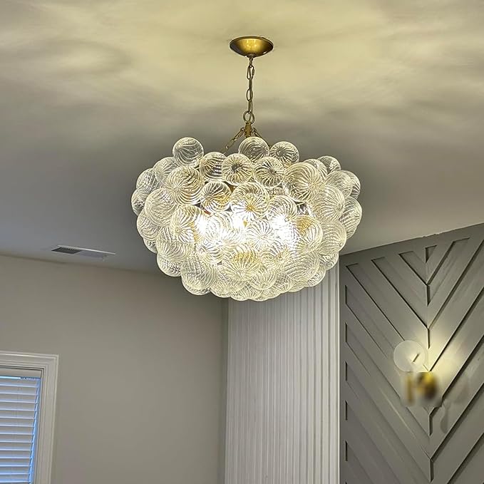 Bubble Glass Chandelier Pendant Lights Fixture Dia 24 inch Cluster Swirled Clear Blown Glass Ribbed Globe Decorative Lighting Fixture for Living Room Bedroom Dining Room Island