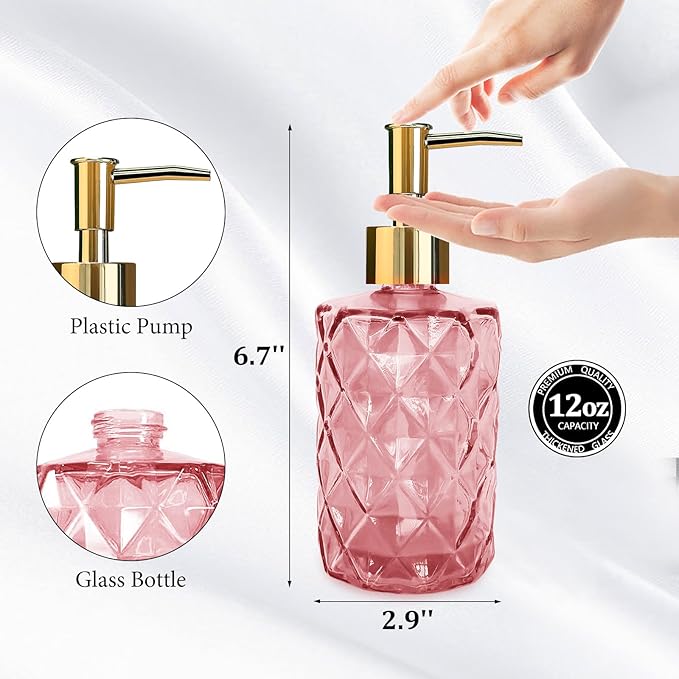 Glass Soap Dispenser with Pump, Hand Soap Dispenser for Hand Wash, Lotion Dispenser for Dishwashing Liquid, Lotion Shower Gel (Pink)