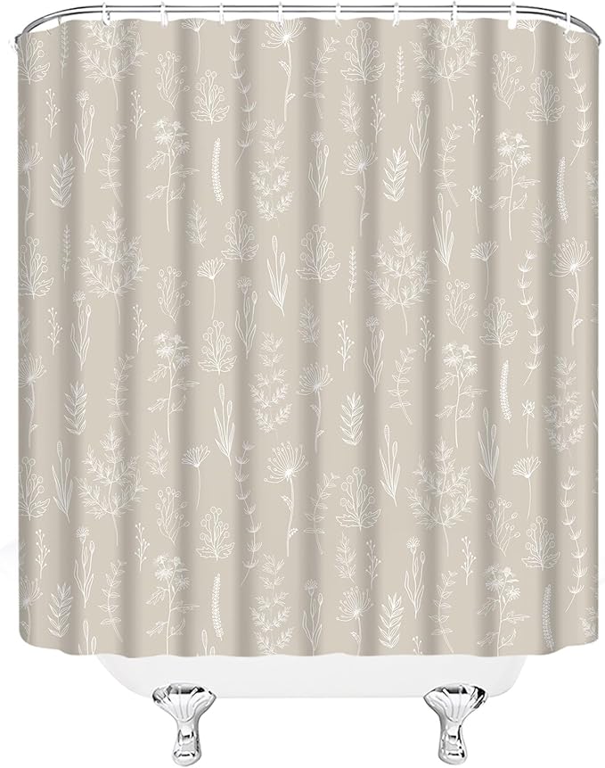 Boho Farmhouse Botanical Shower Curtain Rustic Floral Neutral Leaves Vintage Herbs Plant Modern Country Cream Taupe Bathroom Curtain Set with Hooks(84" Wx70 H)