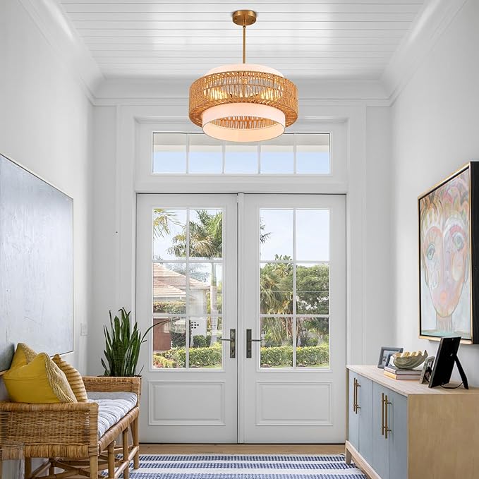 19.7" Rattan Chandelier with Linen Vintage Farmhouse Boho Hand Woven Bamboo Chandelier Light Fixture Modern Drum Wicker Rattan Gold Chandeliers for Dining Room, Kitchen, Living Room,Foyer