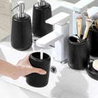 vancasso Ceramic Bathroom Accessories Set 4 Piece, Soap Dispenser with Stainless Steel Pump, Toothbrush Holder, Tumbler and Soap Dish, Modern Relief Design, Bathroom Decor Organizer, Black