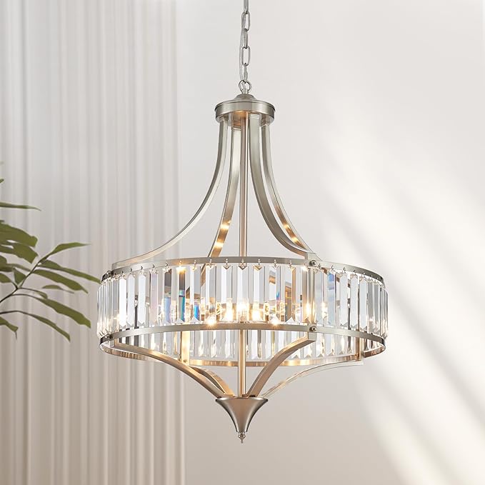 XINGQI Large Crystal Chandelier 21.6" Brushed Nickel Chandeliers for Dining Room, Rustic Farmhouse Pendant 6-Light with Round Metal Shade for Living Room Kitchen Bedroom Office